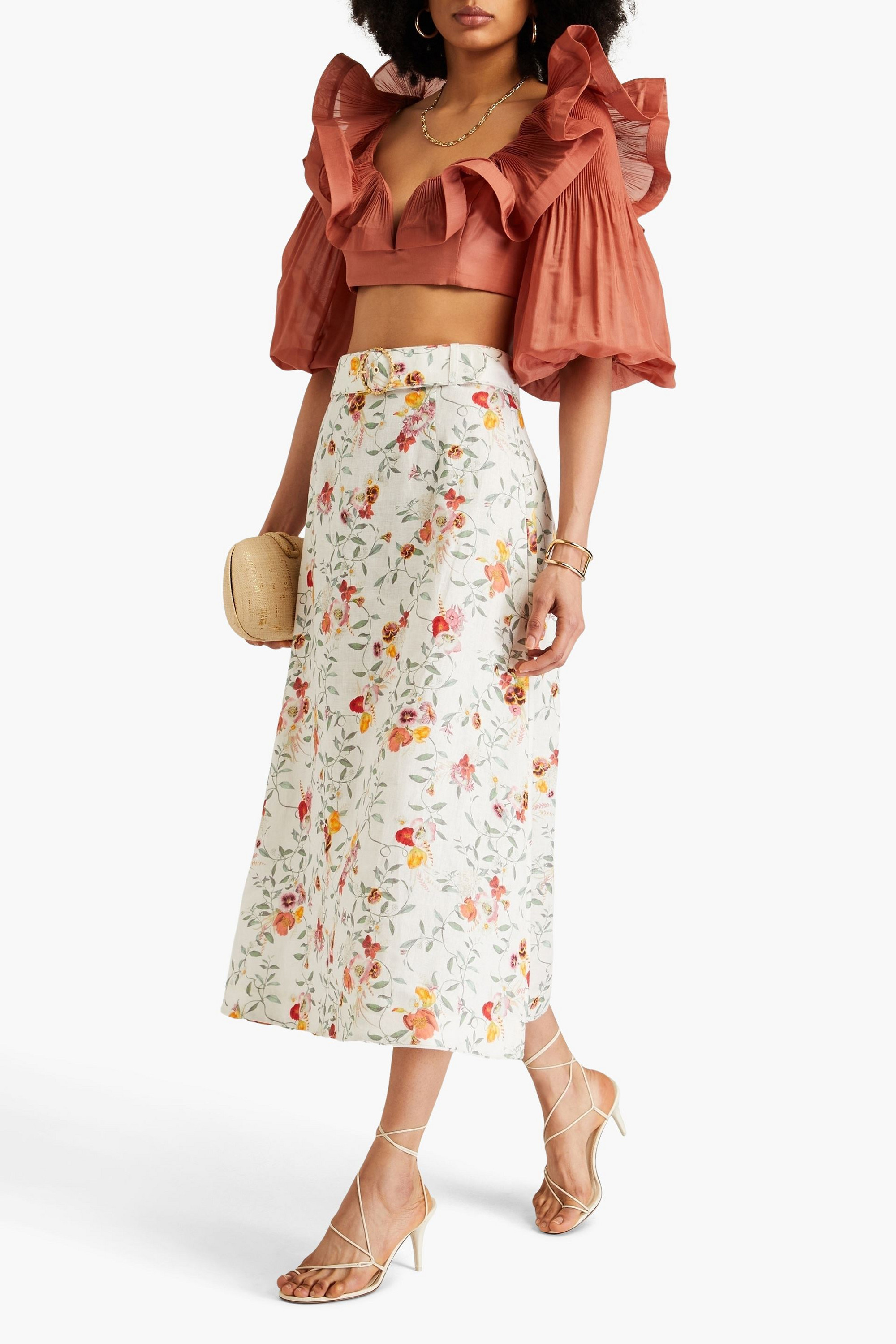Zimmermann Belted floral-print linen midi skirt