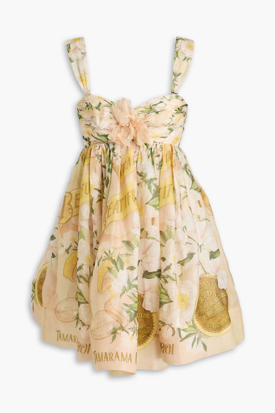 Zimmermann Floral-print Linen And Silk-blend Organza Mini Dress In Beige