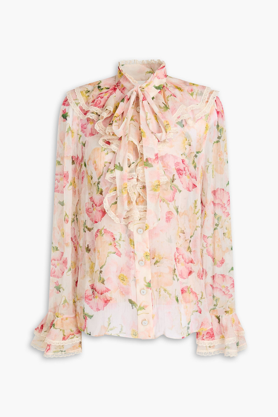 Zimmermann Pussy-bow Ruffled Floral-print Silk-crepon Blouse In Pastel Pink
