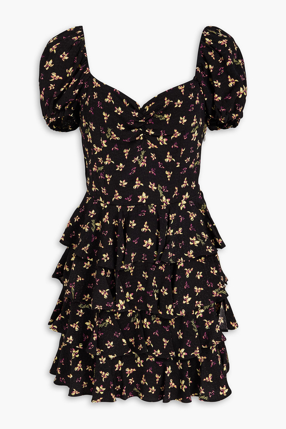Rotate Birger Christensen Tiered Floral-print Jacquard Mini Dress In Black