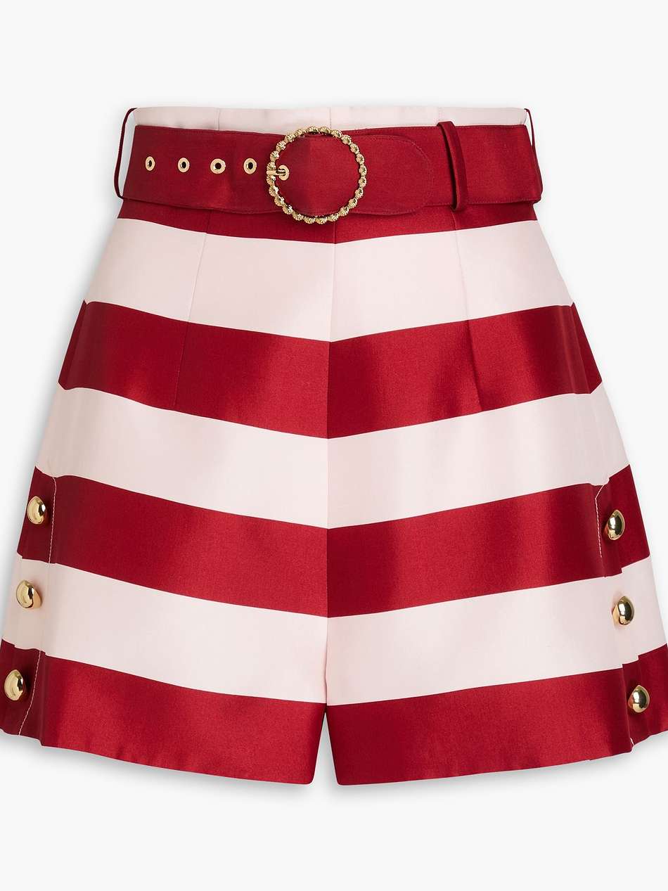 belted striped silk-satin shorts