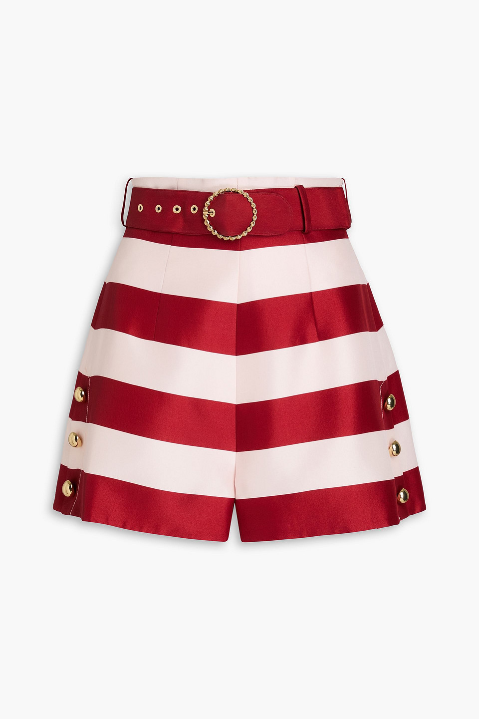 Zimmermann Belted Striped Silk-satin Shorts In Burgundy