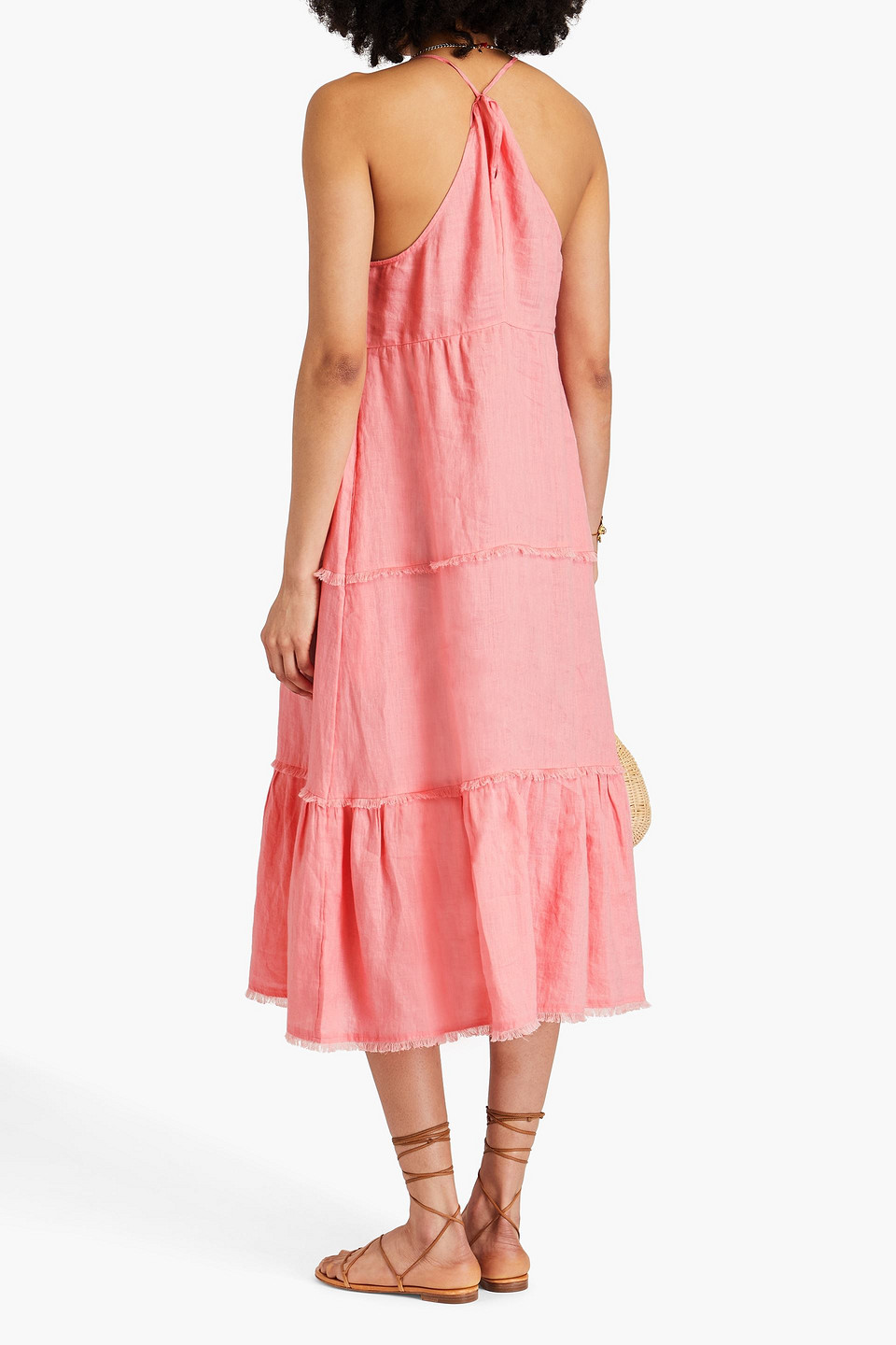 Shop Heidi Klein Tiered Linen Midi Dress In Coral