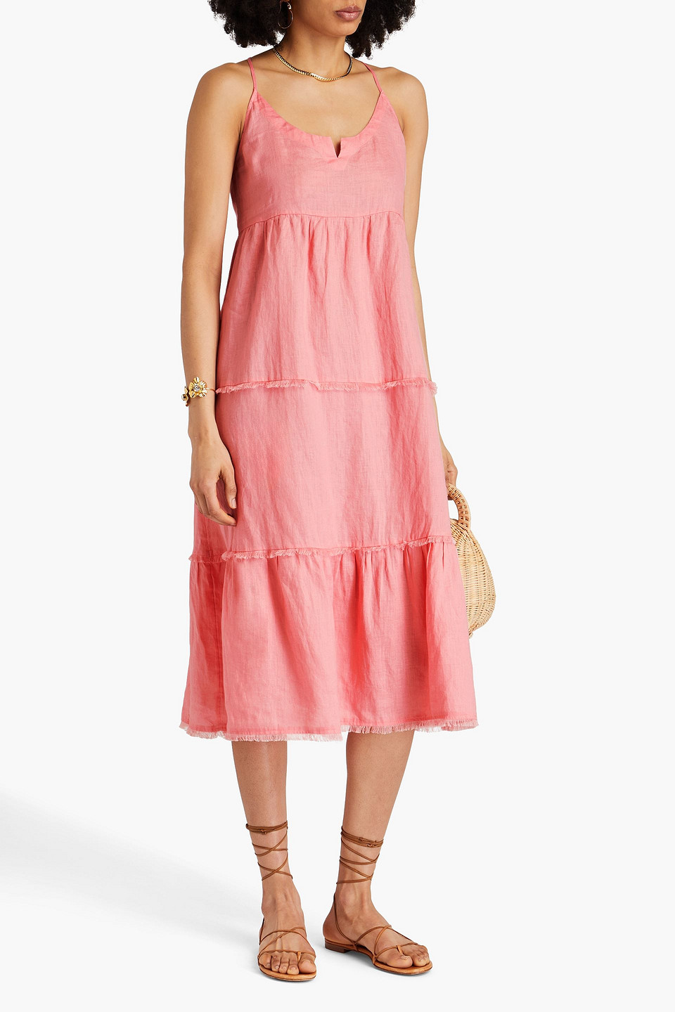 Shop Heidi Klein Tiered Linen Midi Dress In Coral