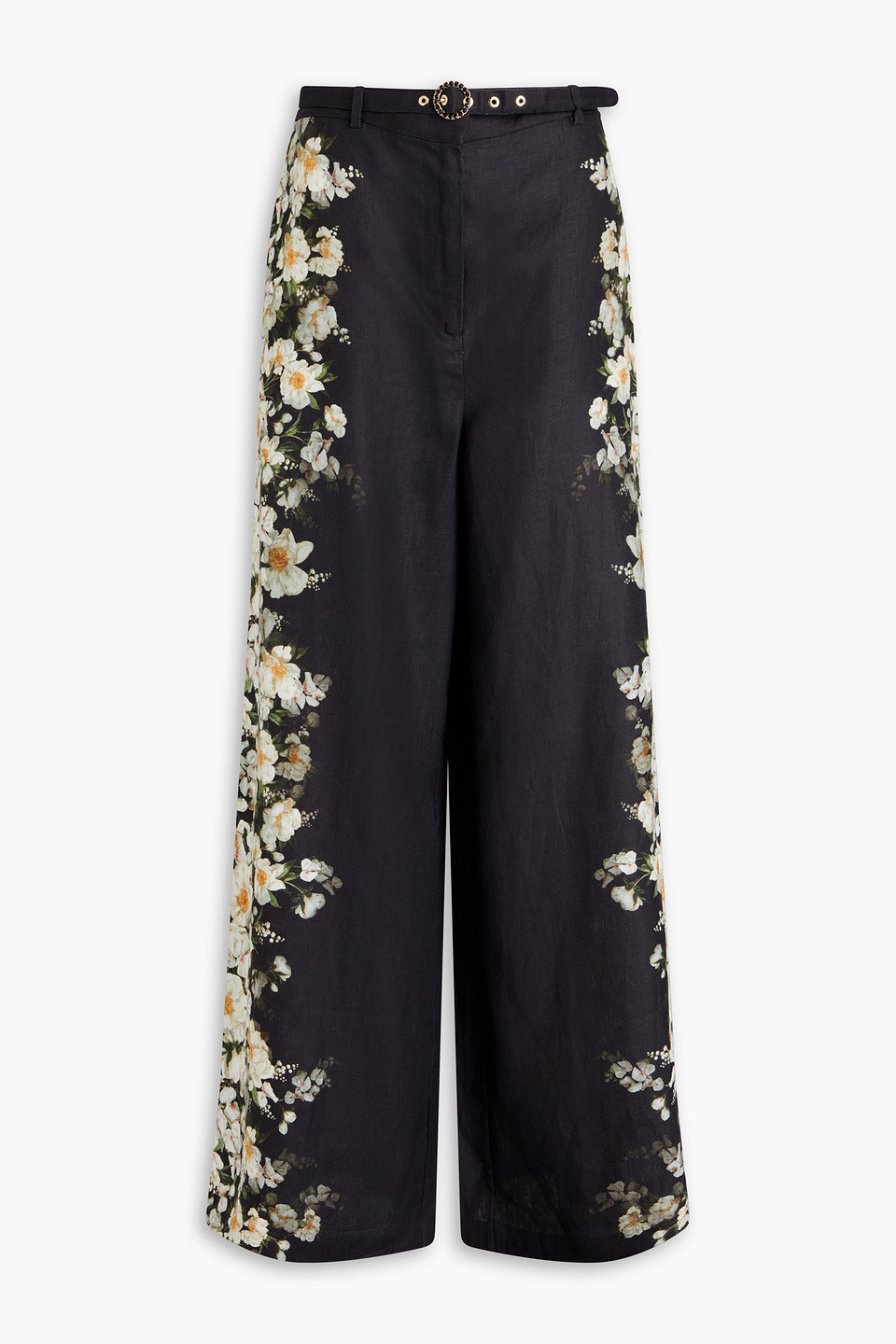 Zimmermann Floral-print Linen Wide-leg Pants In Charcoal