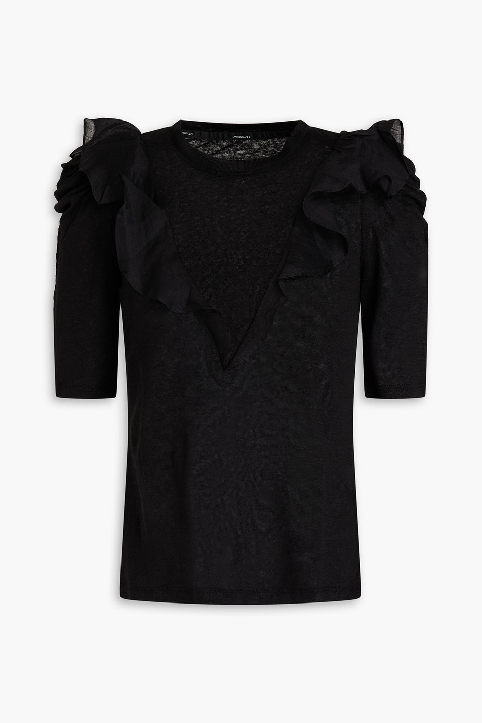 Zimmermann Ruffled Linen And Cotton-blend Jersey Top In Black