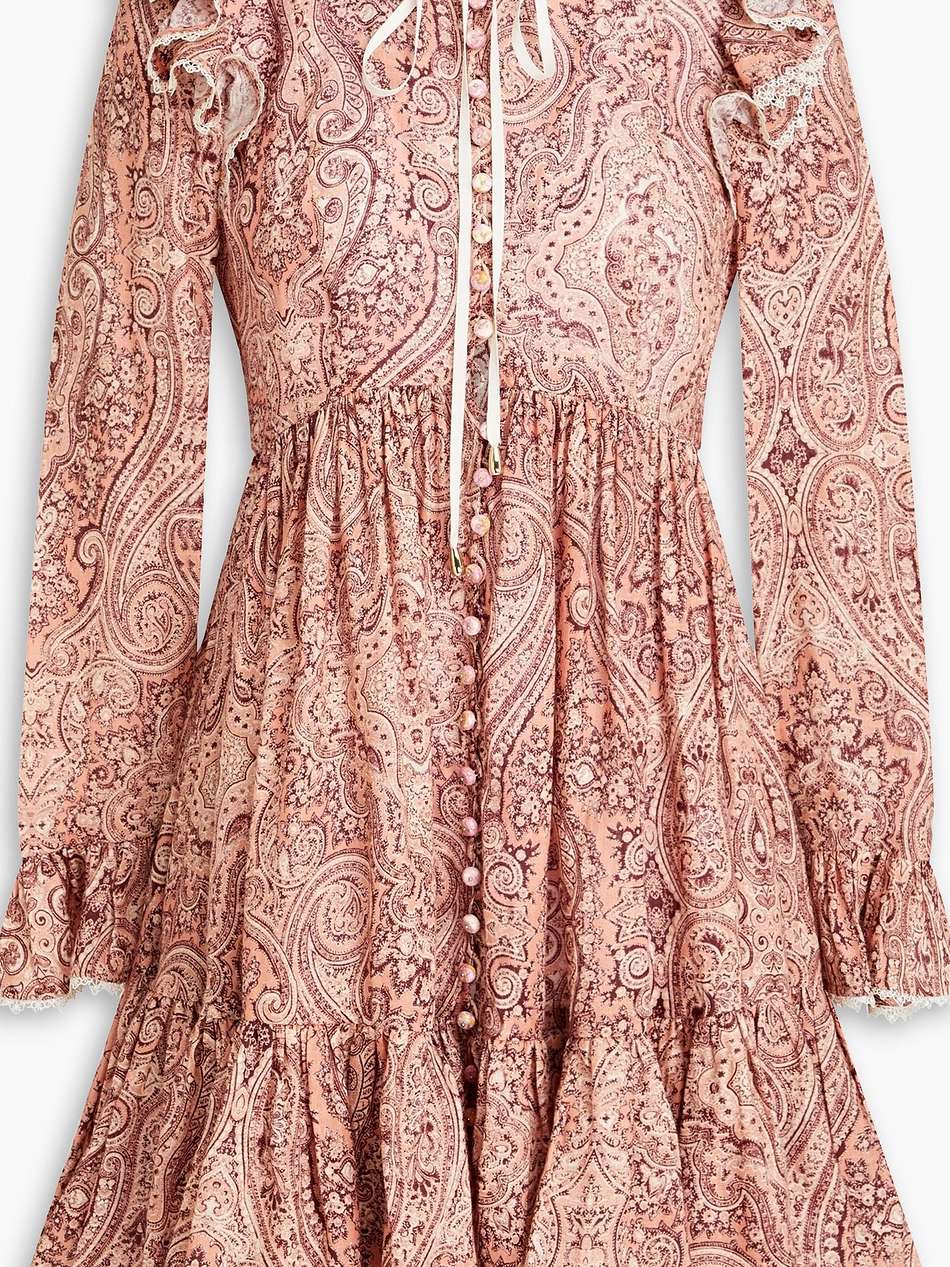 lace-trimmed paisley-print linen mini dress