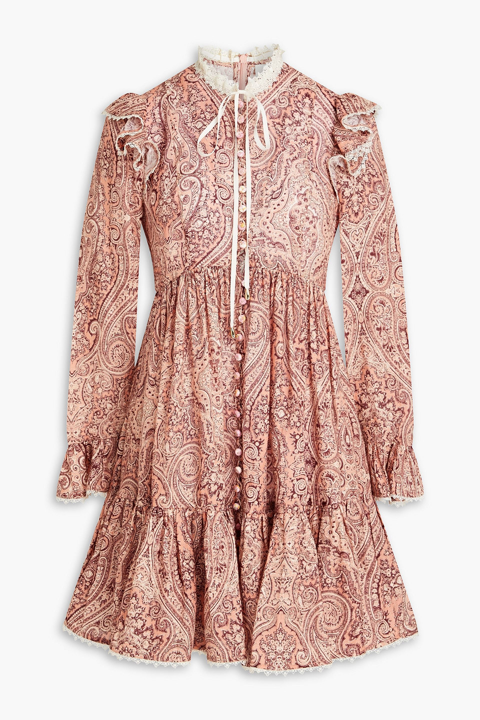 Zimmermann Lace-trimmed Paisley-print Linen Mini Dress In Brown