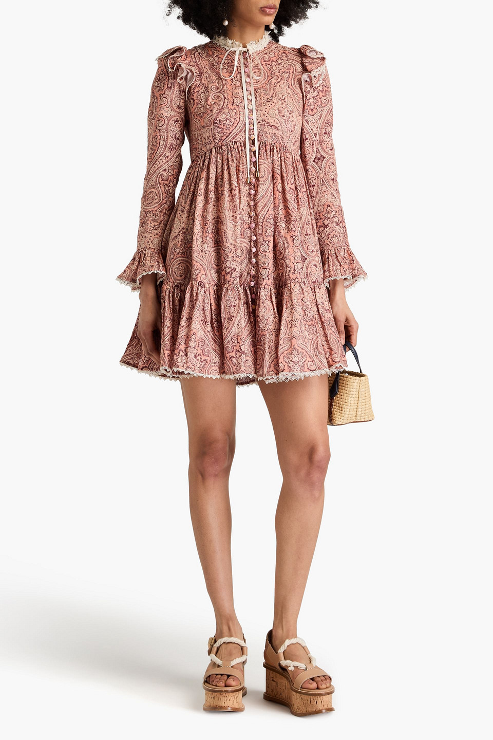 Zimmermann Lace-trimmed Paisley-print Linen Mini Dress In Antique Rose