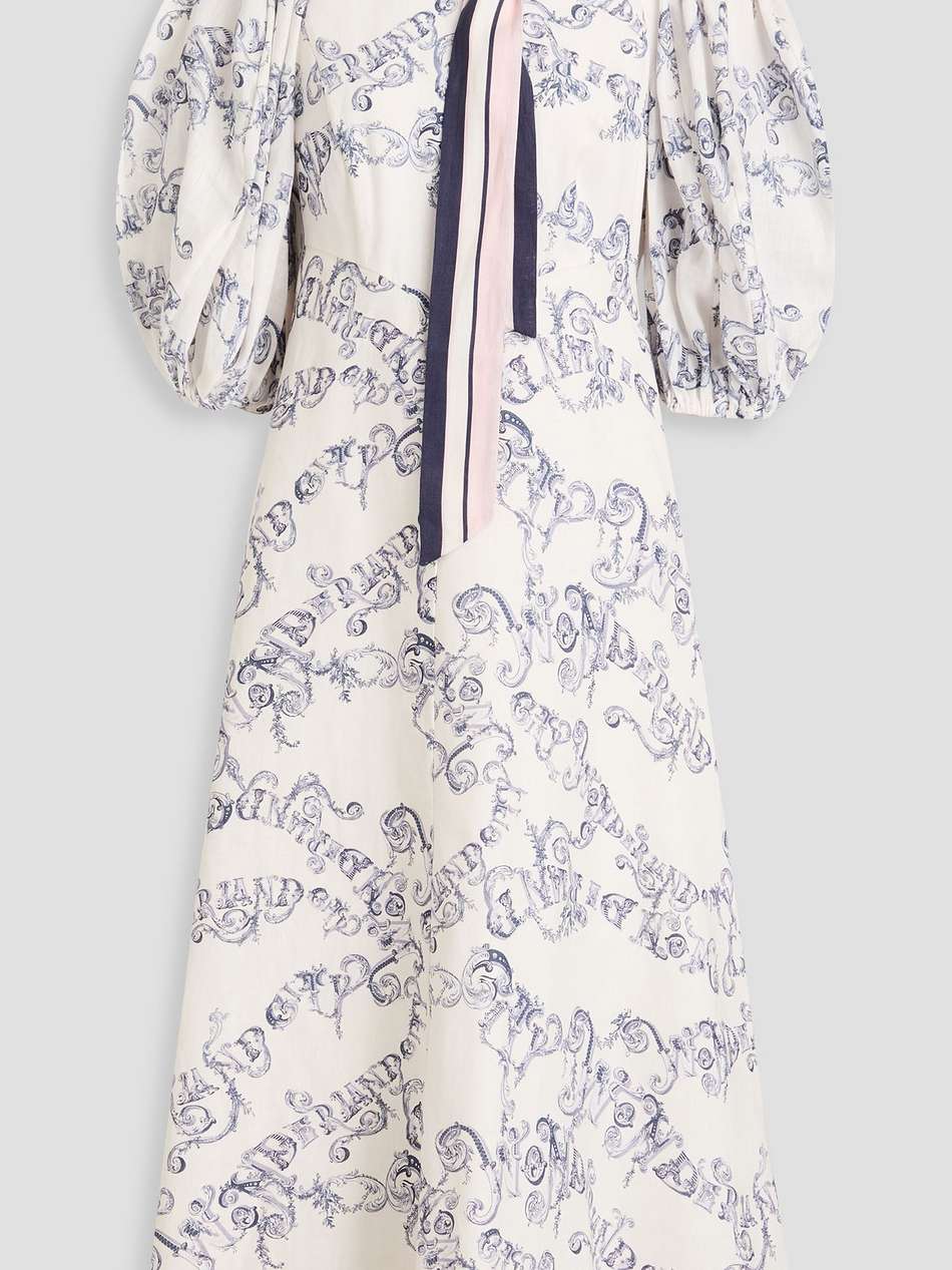 pussy-bow printed linen midi dress