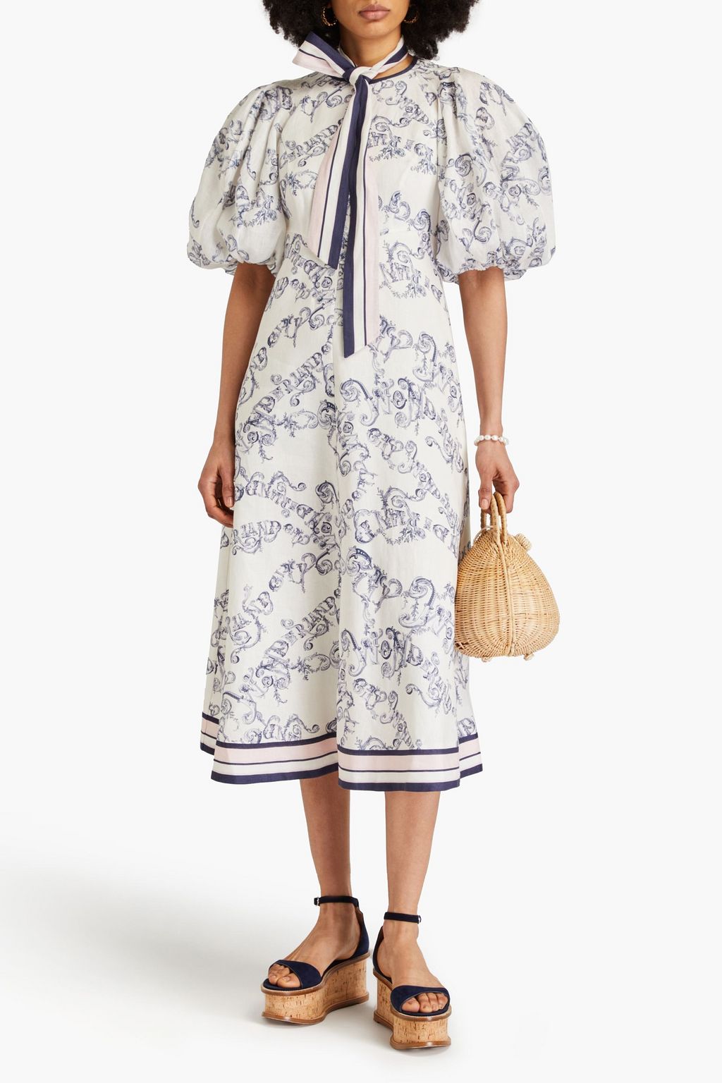 ZIMMERMANN リネン ミディワンピース リボンタイ プリント入り