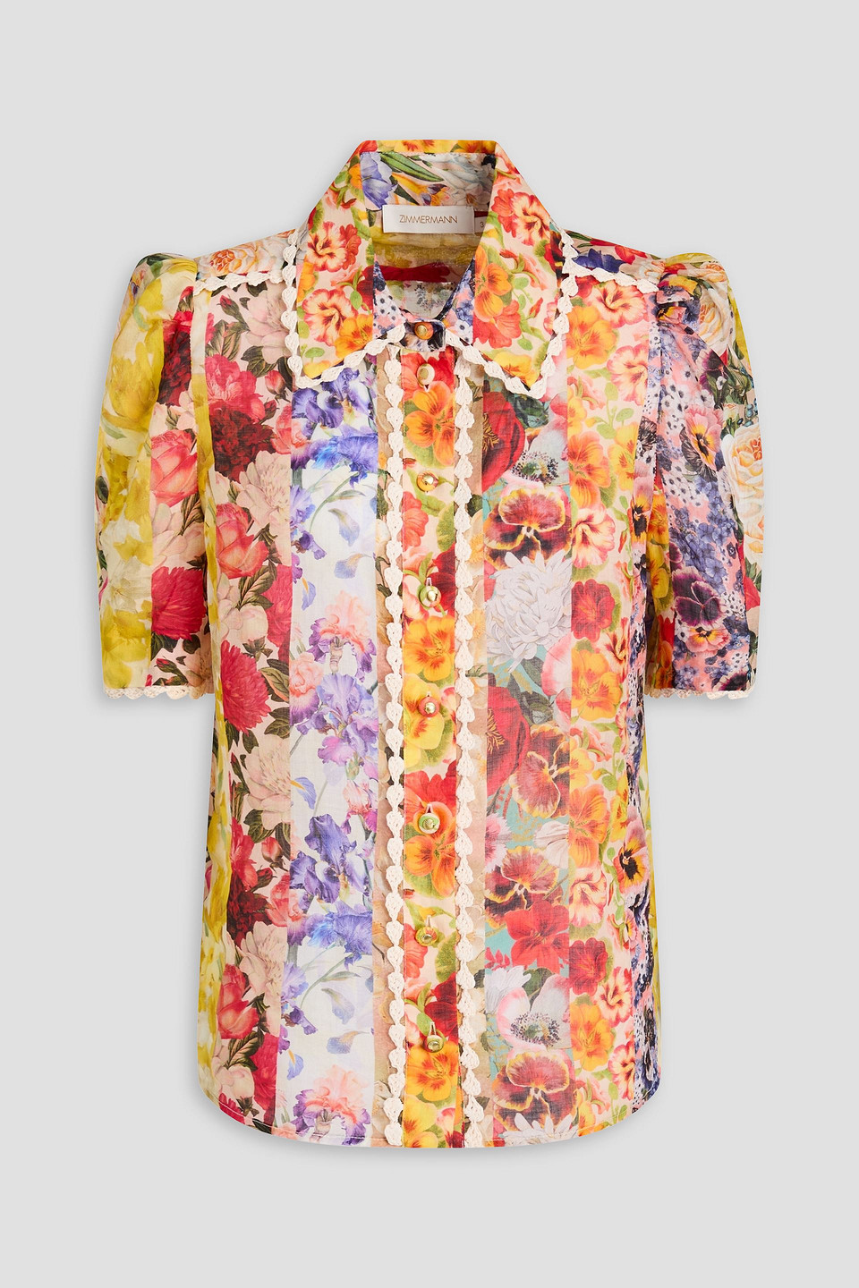 Zimmermann Raffia-trimmed Floral-print Ramie Shirt In Marigold
