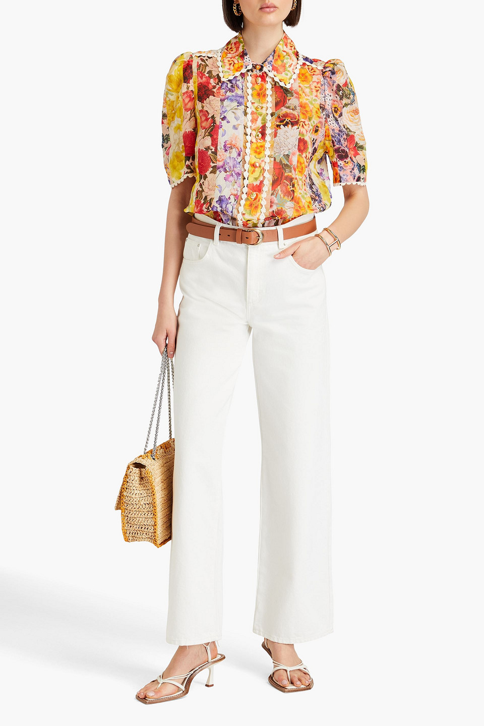 Zimmermann Raffia-trimmed Floral-print Ramie Shirt In Marigold