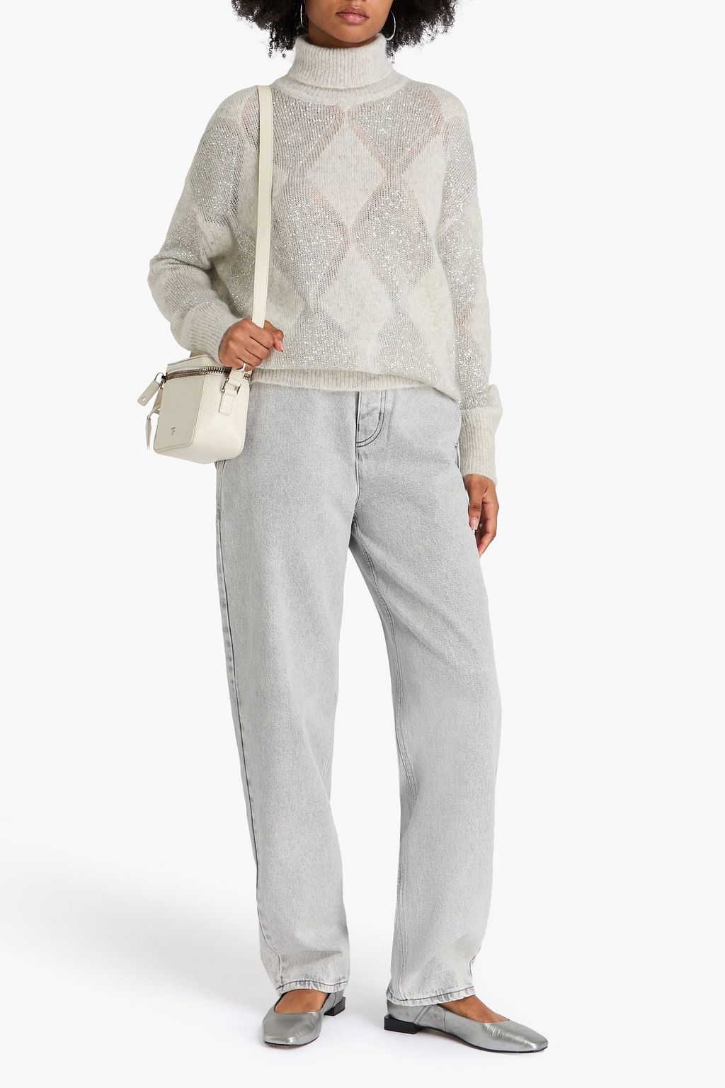 BRUNELLO CUCINELLI Sequin-embellished argyle wool and mohair-blend turtleneck sweater