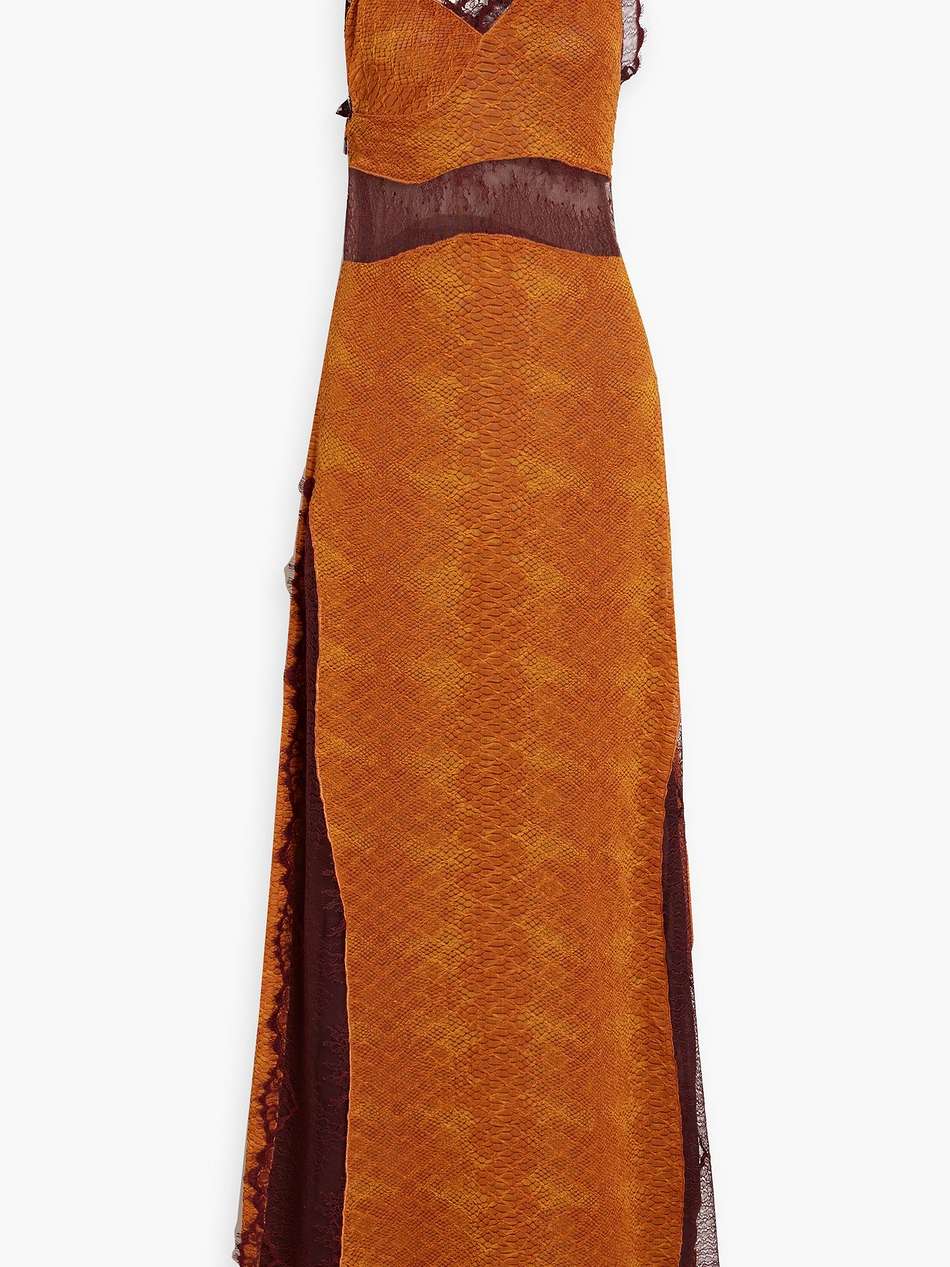 lace-paneled snake-print cloqué maxi dress