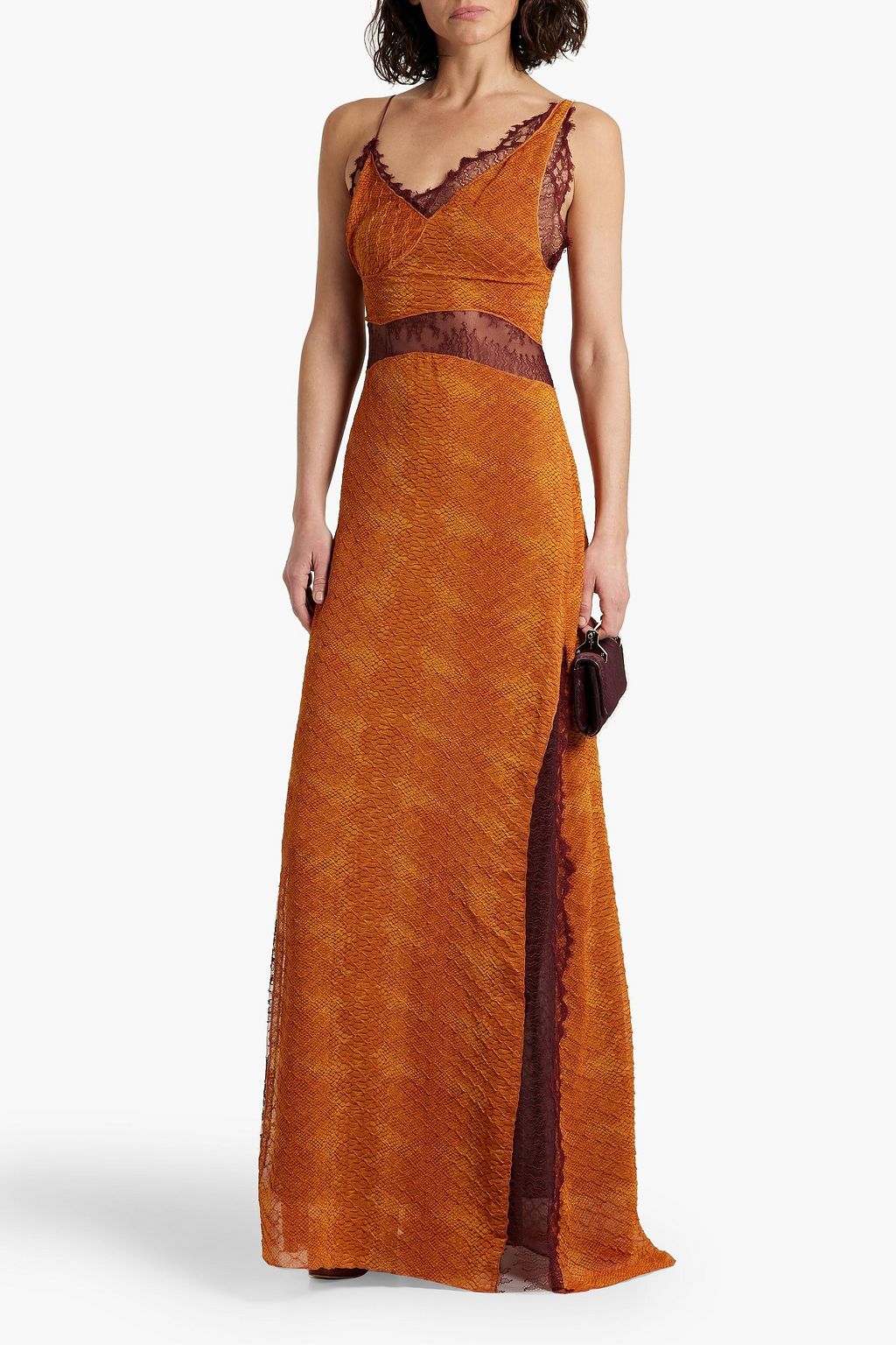 Lace paneled snake print cloque maxi dress orange UK 10