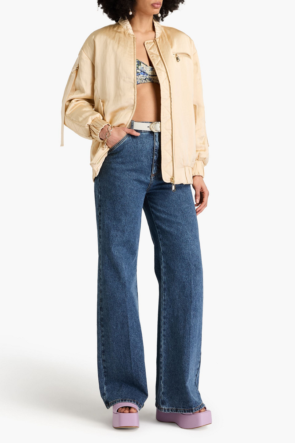 Zimmermann Ruched Padded Satin Bomber Jacket In Cream