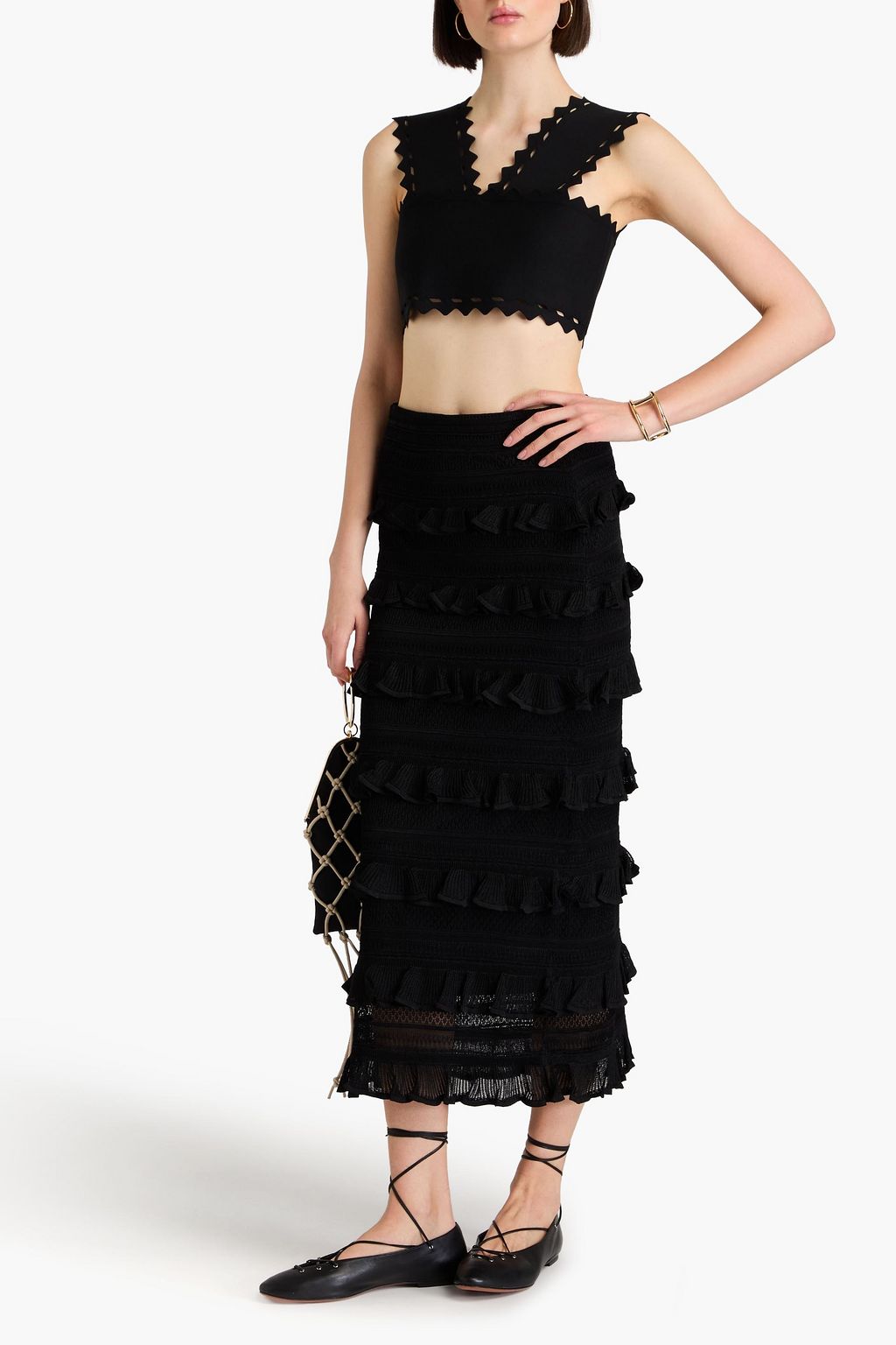 ZIMMERMANN Ruffled pointelle-knit midi skirt