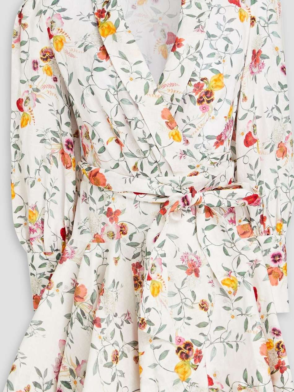 pleated floral-print linen mini wrap dress