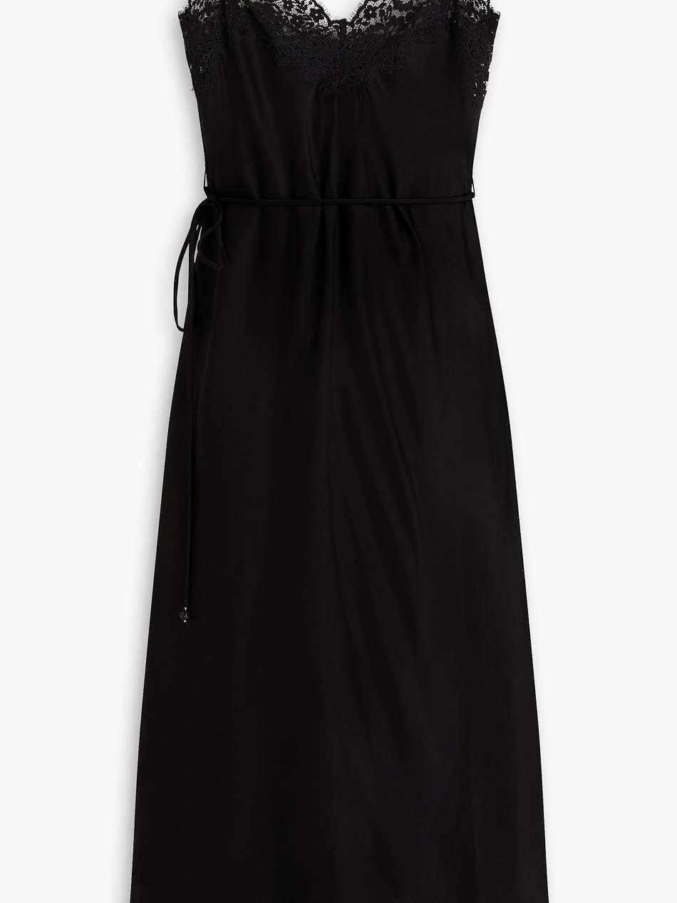 belted bow-detailed lace-trimmed satin midi slip dress