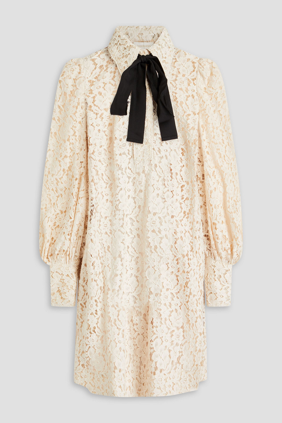 Zimmermann Pussy-bow Cotton-blend Guipure Lace Mini Shirt Dress In Ecru