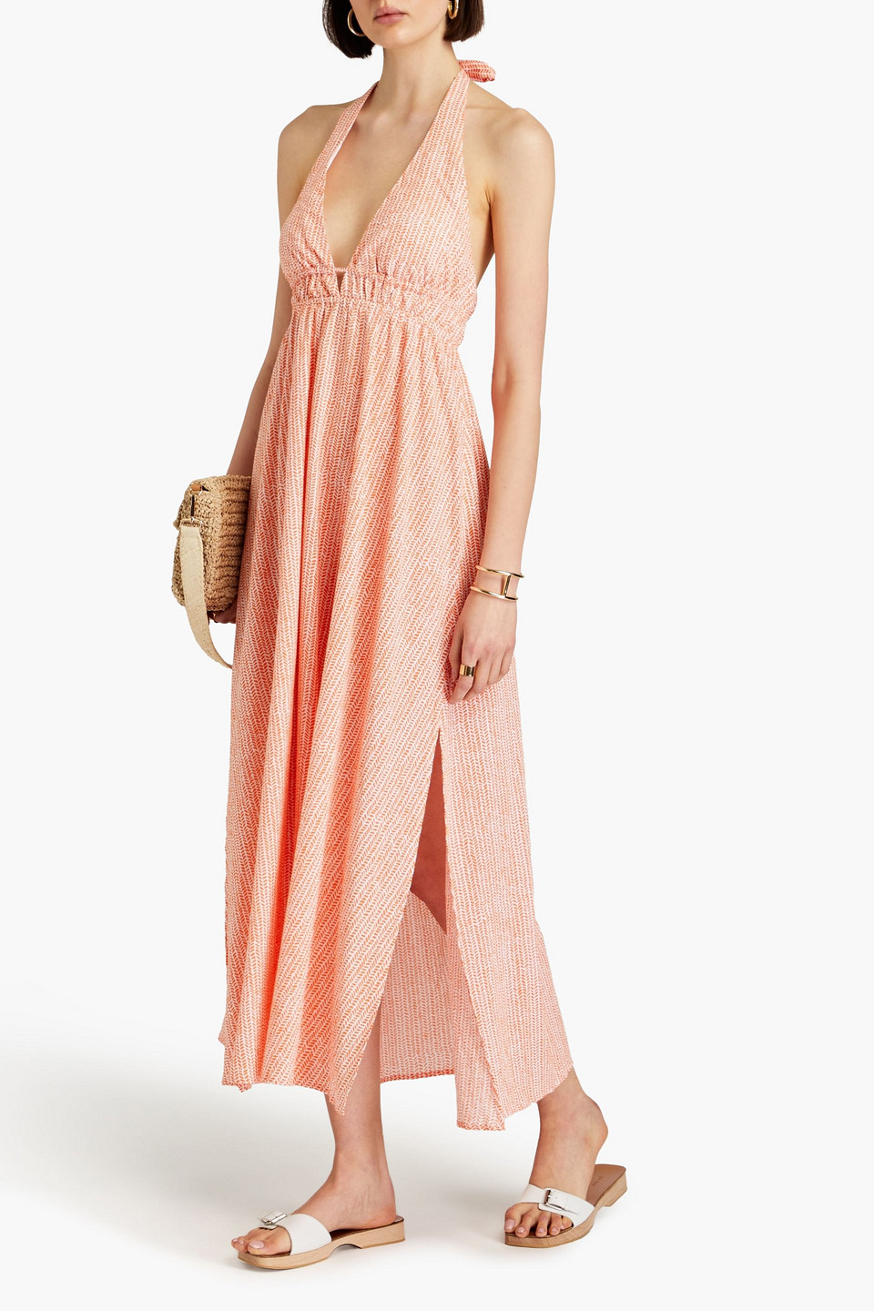 Shop Heidi Klein Printed Cotton-mousseline Halterneck Maxi Dress In Orange