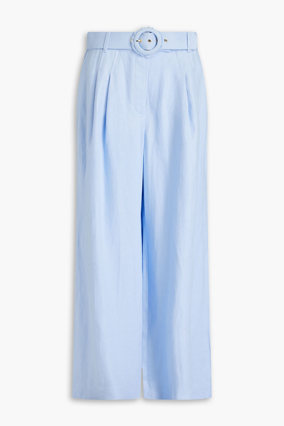 Zimmermann Belted Pleated Linen-canvas Wide-leg Pants In Light Blue