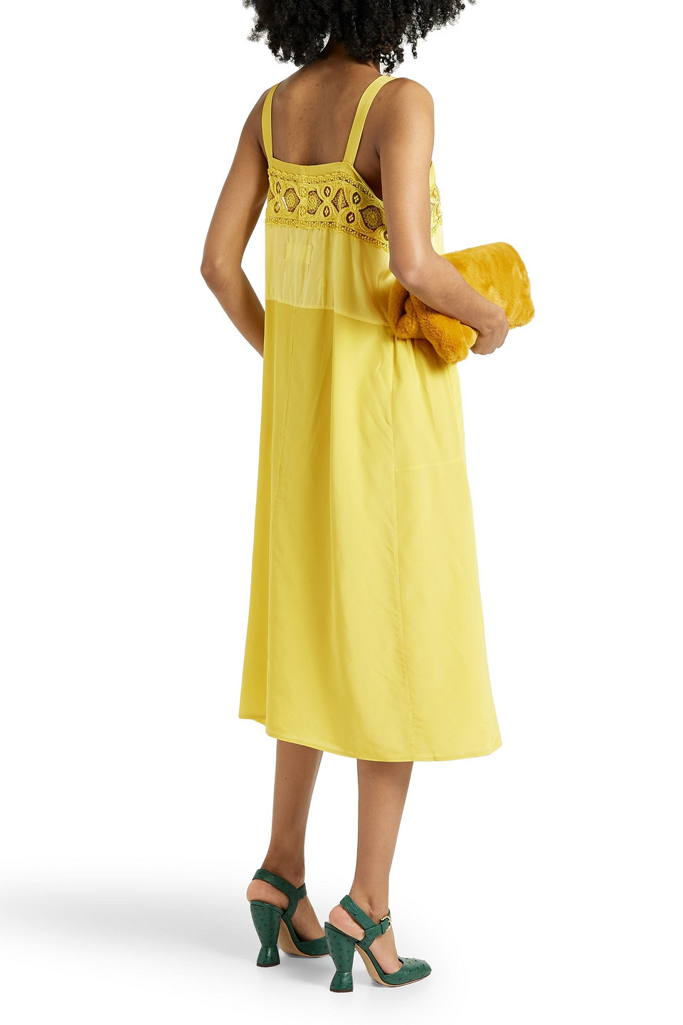 Maison Margiela Embroidered Lace Sleeveless Midi Shift Dress In Yellow