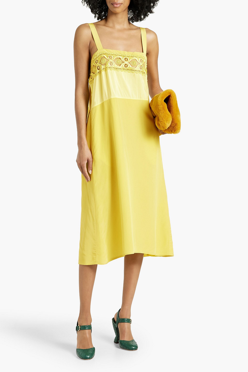 Shop Maison Margiela Embroidered Crepe Midi Slip Dress In Yellow