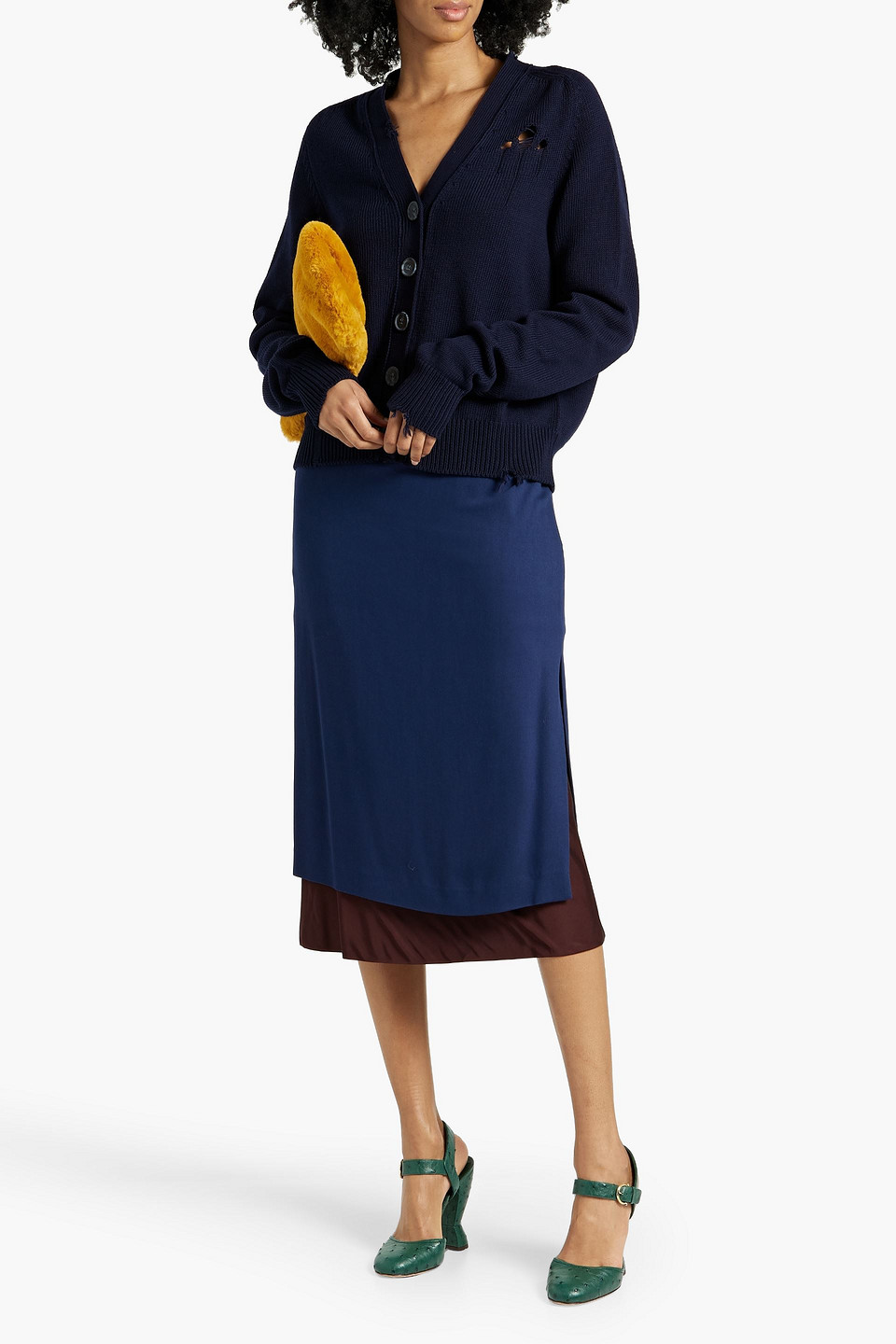 Maison Margiela Distressed Cotton Cardigan In Navy