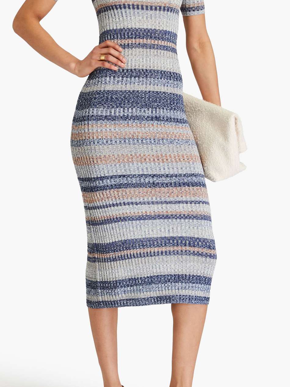 striped ribbed-knit midi dress