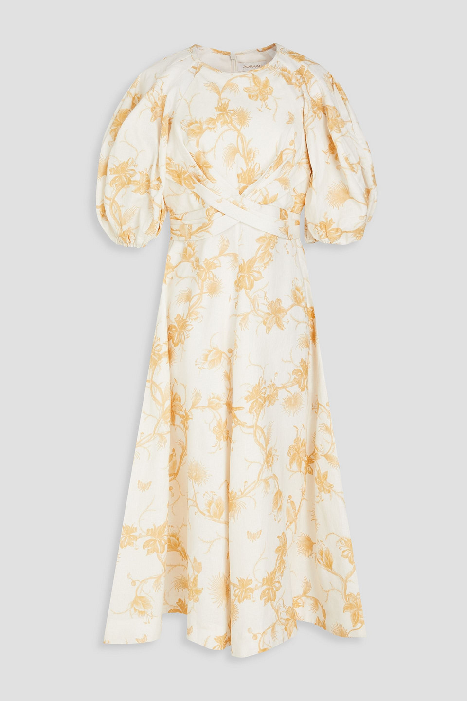 Zimmermann Floral-print Linen Mid Dress In Ivory