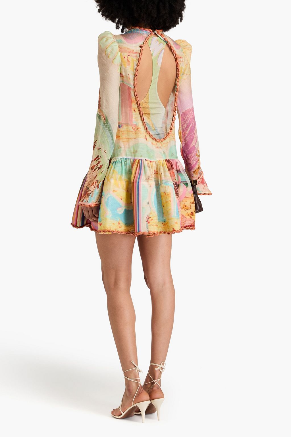 ZIMMERMANN Minikleid aus Gaze aus einer Leinen-Baumwollmischung mit Shell-Verzierung und Print