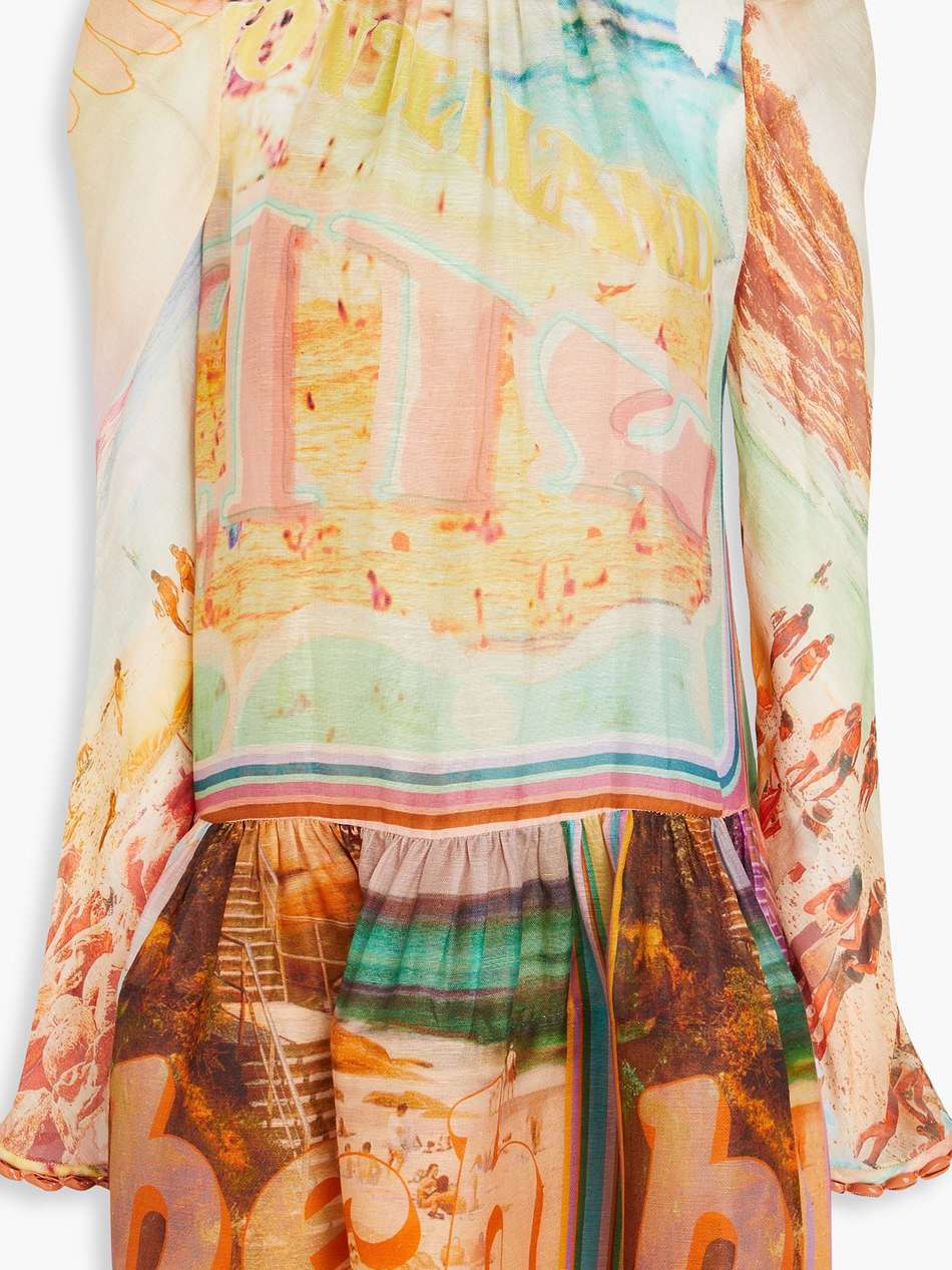 shell-embellished printed linen and cotton-blend gauze mini dress