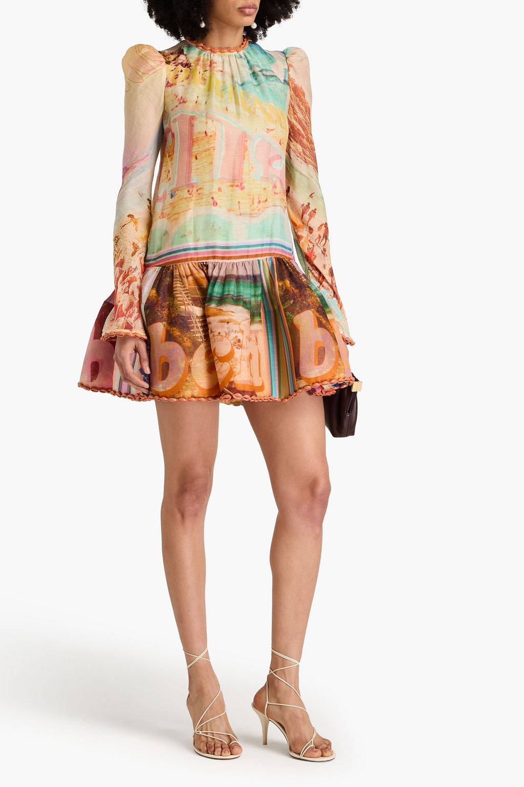 ZIMMERMANN Minikleid aus Gaze aus einer Leinen-Baumwollmischung mit Shell-Verzierung und Print