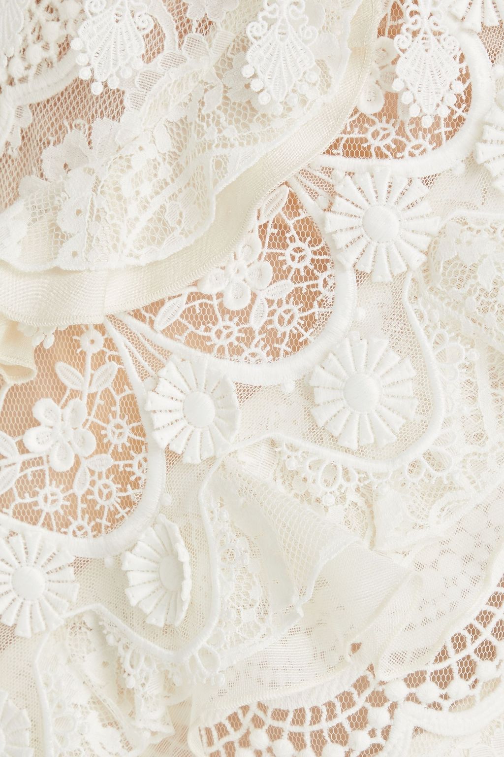 ZIMMERMANN Asymmetric ruffled cotton-blend lace, shantung and organza maxi skirt