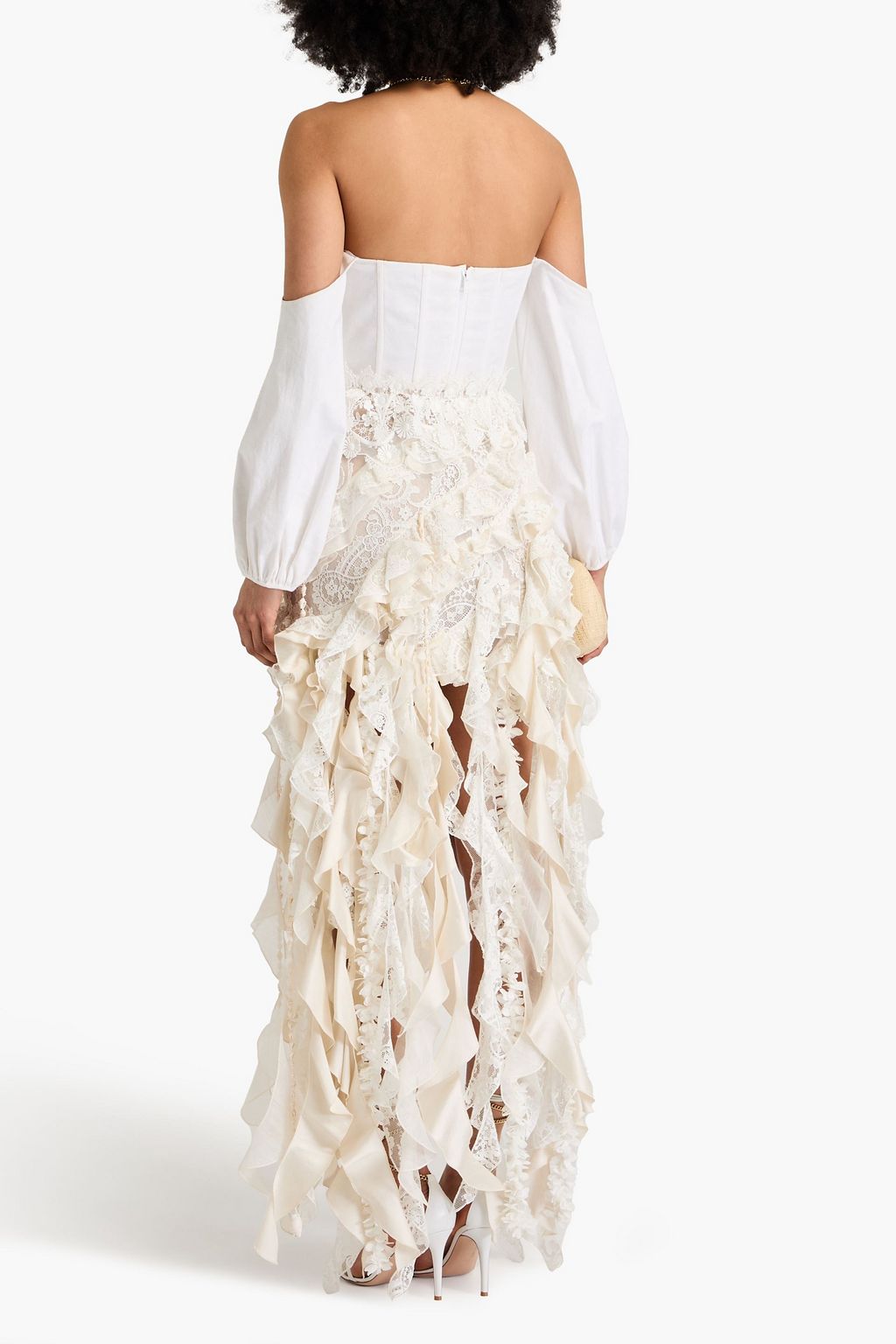 ZIMMERMANN Asymmetric ruffled cotton-blend lace, shantung and organza maxi skirt