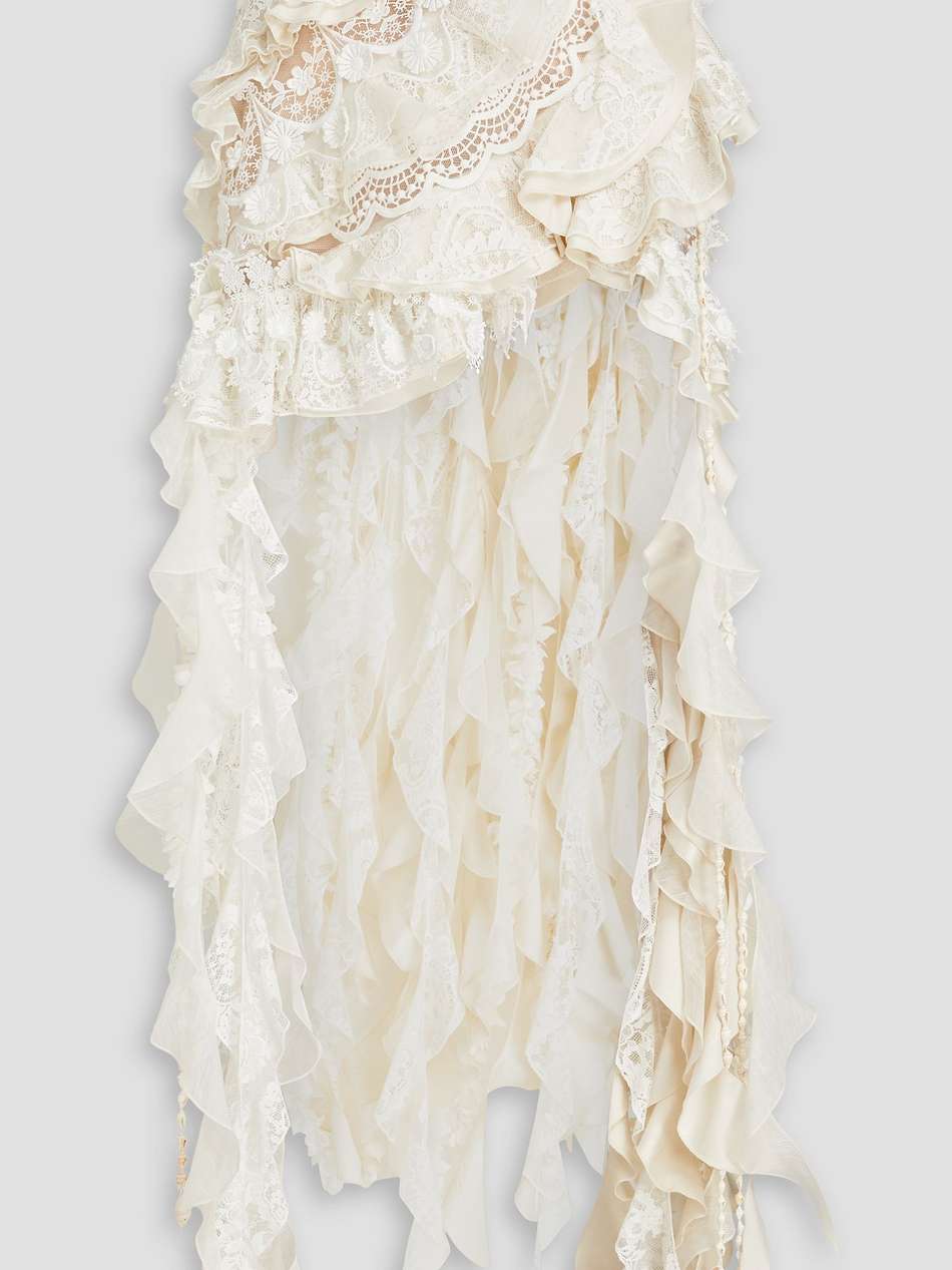 asymmetric ruffled cotton-blend lace, shantung and organza maxi skirt