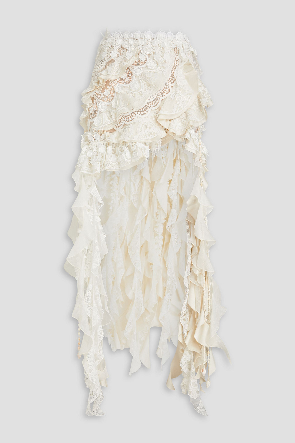 Zimmermann Asymmetric Ruffled Cotton-blend Lace, Shantung And Organza Maxi Skirt In Weiss