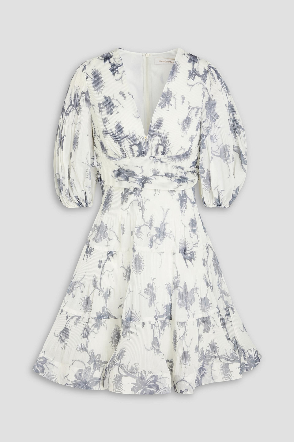 Zimmermann Pleated Floral-print Organza Mini Dress In Navy