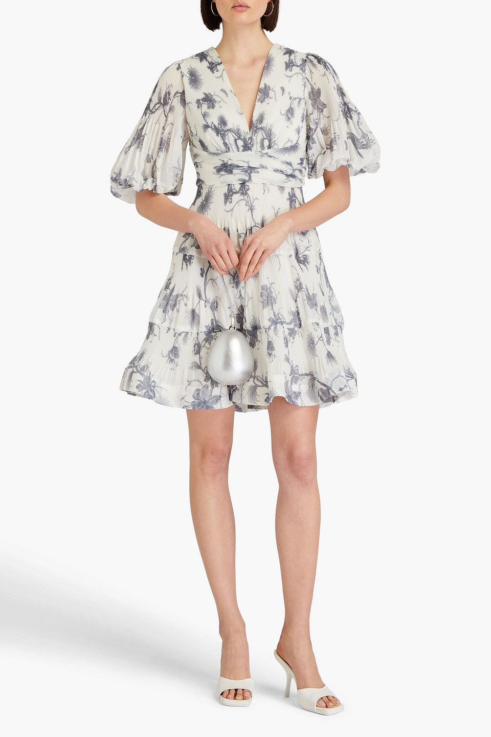 Zimmermann Pleated Floral-print Organza Mini Dress In Navy