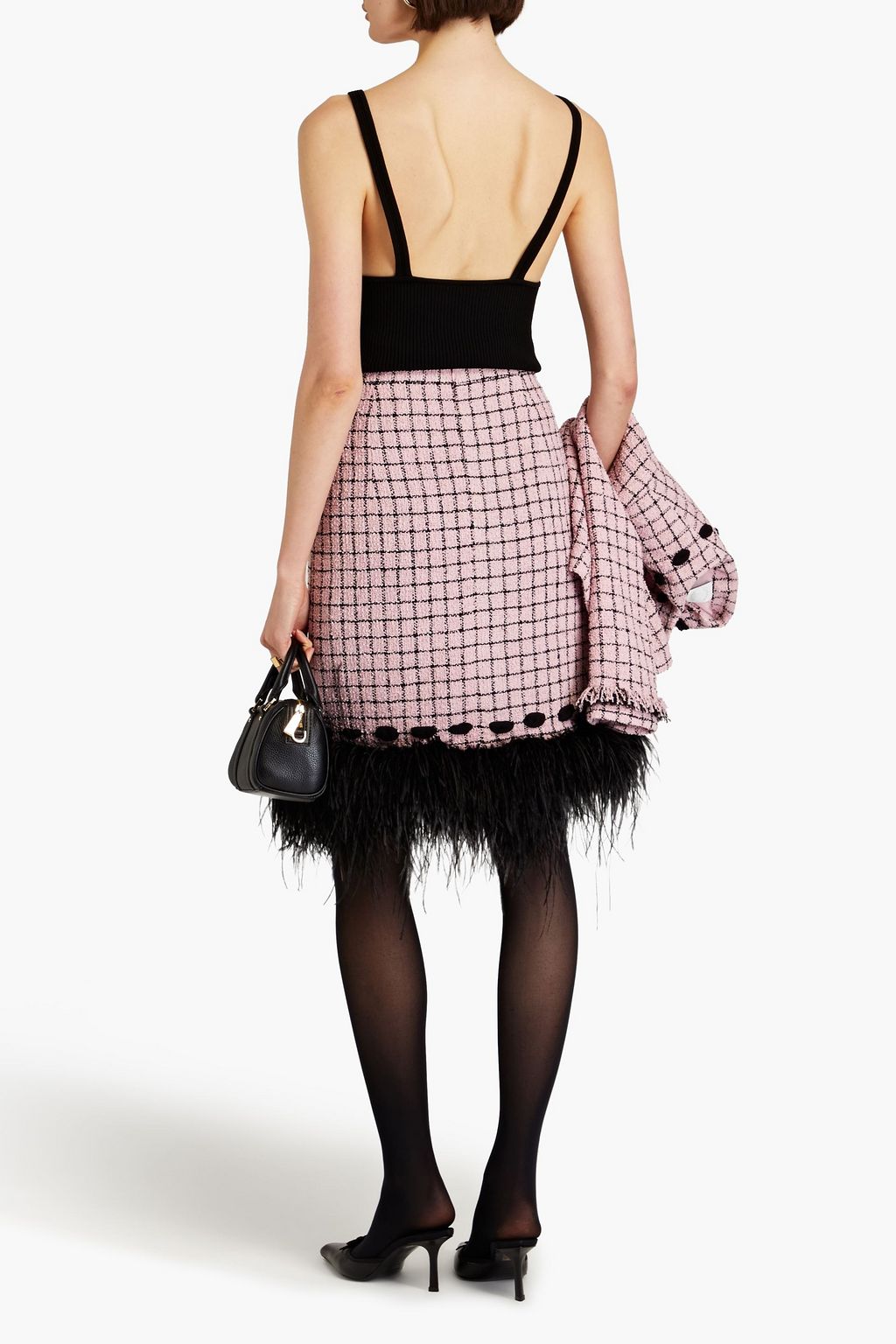 HUISHAN ZHANG Feather-trimmed checked bouclé-tweed skirt