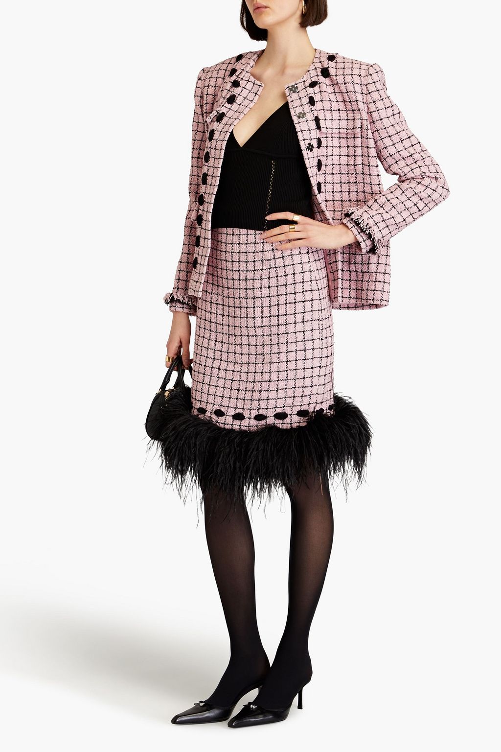 HUISHAN ZHANG Feather-trimmed checked bouclé-tweed skirt