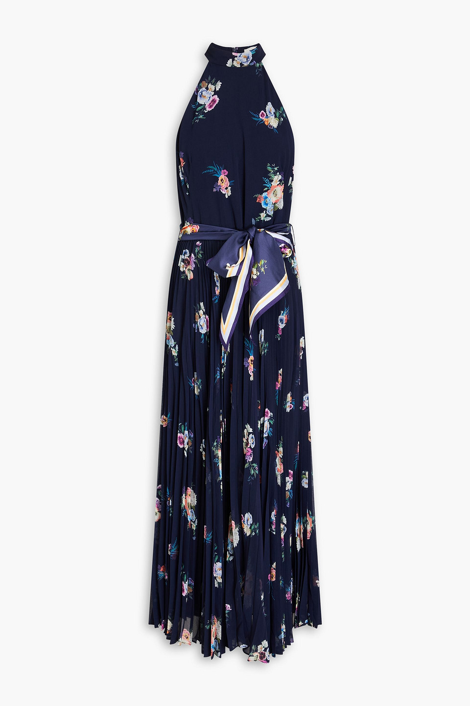 Zimmermann Belted Pleated Floral-print Georgette Halterneck Maxi Dress In Navy