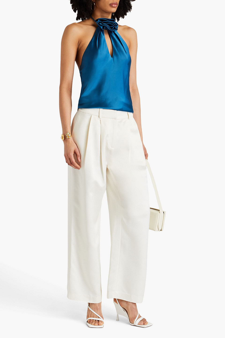 Shop Nicholas Annie Appliquéd Satin Halterneck Top In Petrol