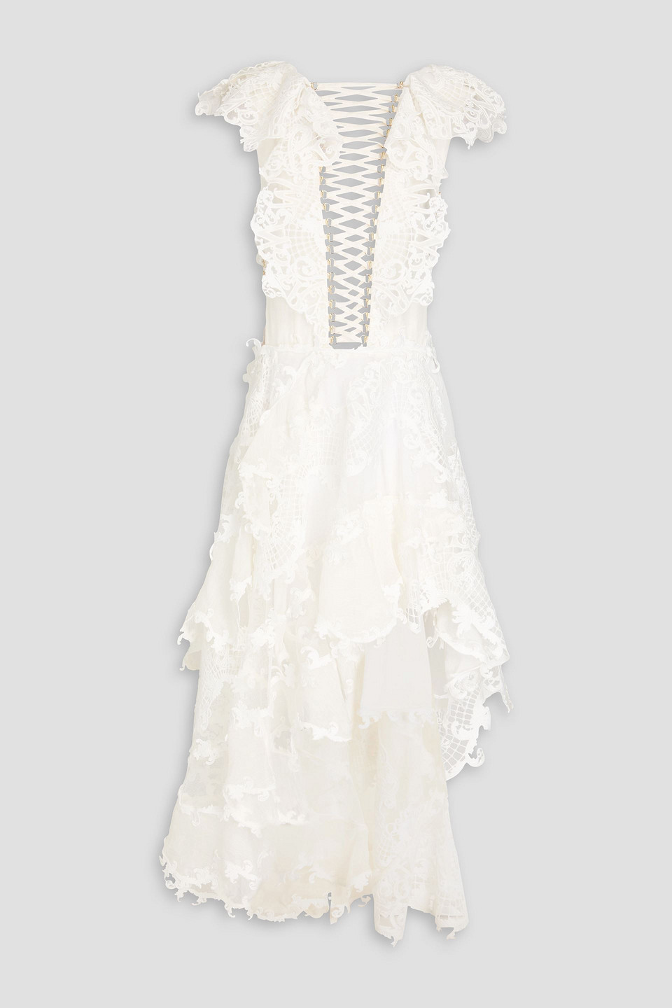 Zimmermann - Lace-up linen and silk-blend gauze, guipure lace and tulle maxi dress - White - 4