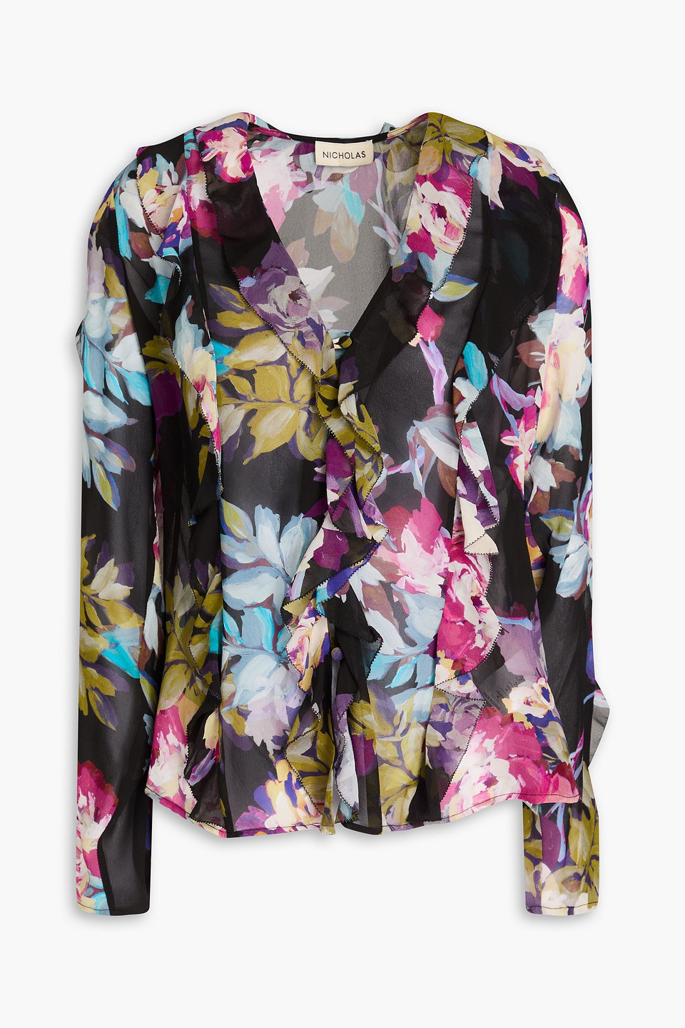 Nicholas Amira Ruffled Floral-print Silk-chiffon Blouse In Black