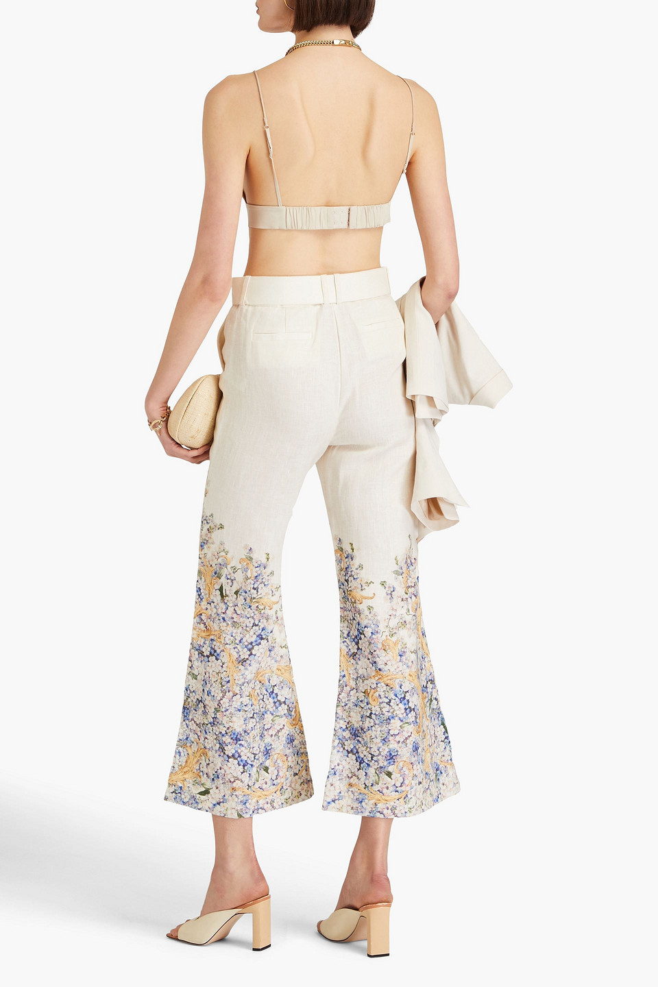 Zimmermann Belted Floral-print Linen Kick-flare Pants In Ecru