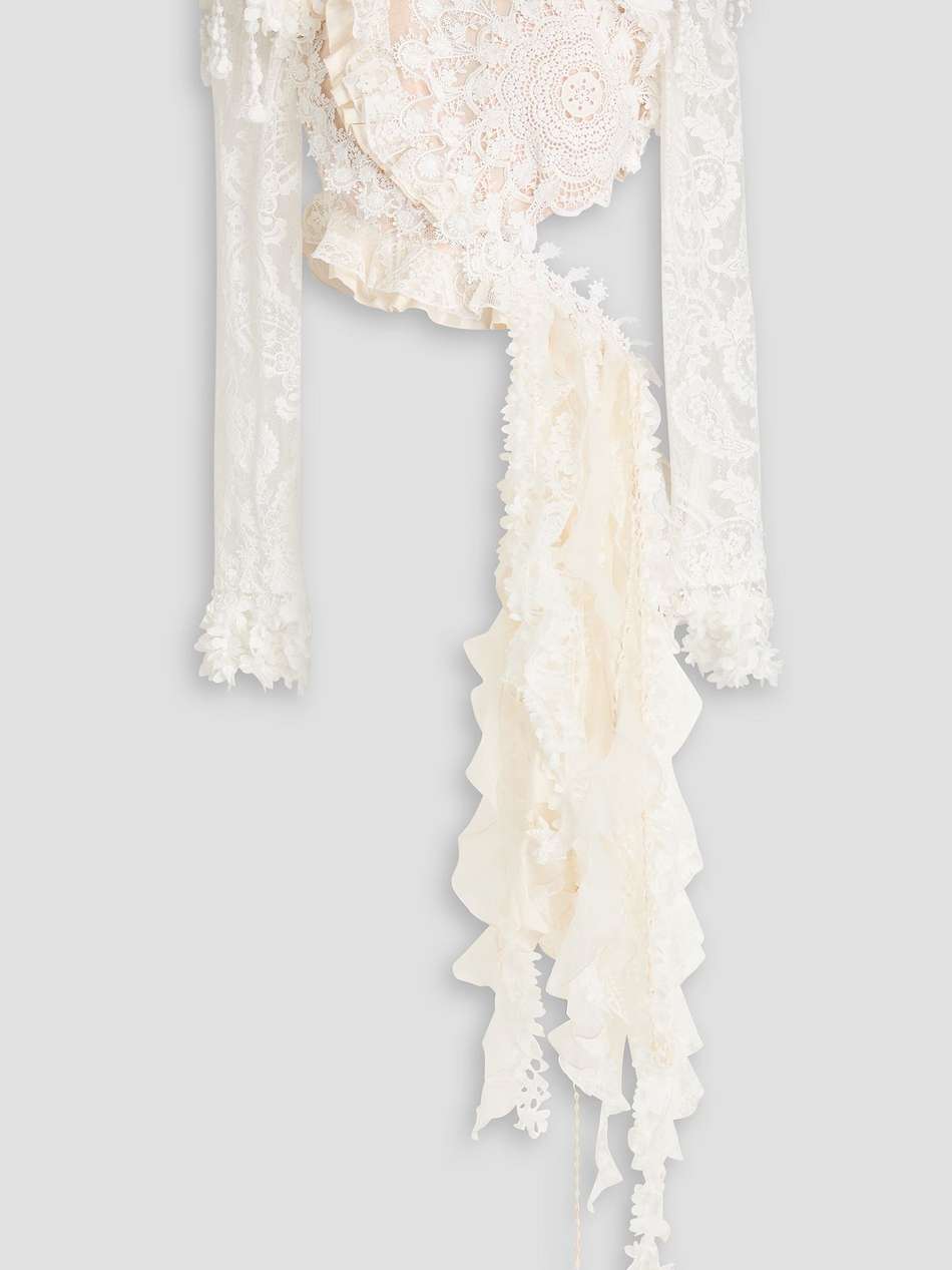 cropped ruffled cotton-blend guipure lace top