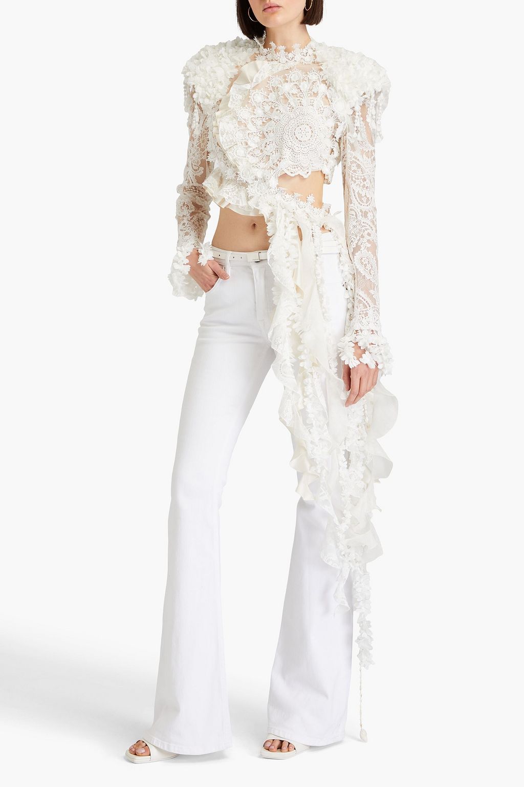 ZIMMERMANN Cropped Oberteil aus Guipure-Spitze aus einer Baumwollmischung mit Rüschen